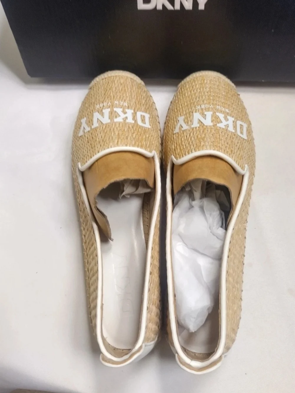 DKNY Tan Woven Espadrille Slip-Ons with White Logo